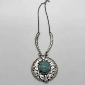 Fashion Silver Tone Metal Round Turquoise Pendant Necklace 21.5”